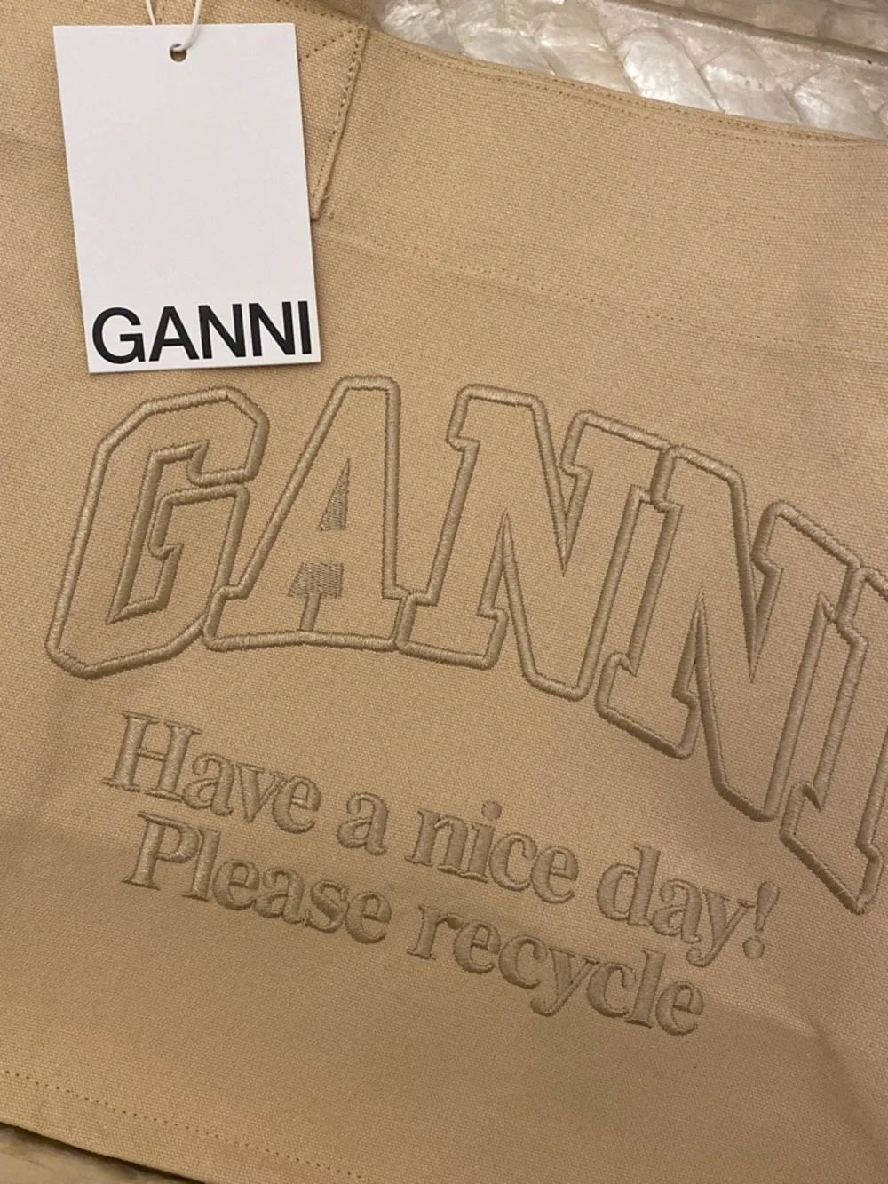 NWT Ganni tote tan beige cotton canvas tote gold embroidered logo w/ silk insert